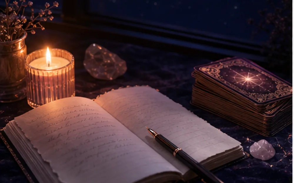 月夜窗邊的手寫筆記、燭光與塔羅牌